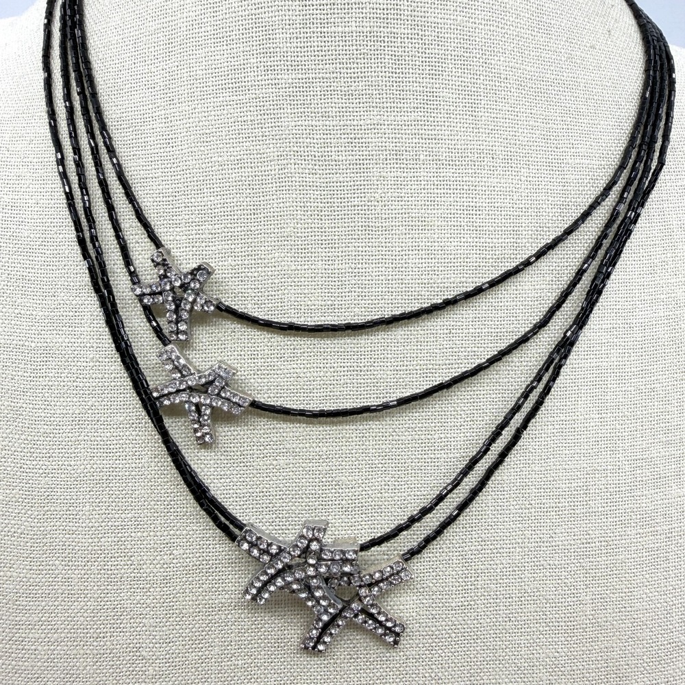 Chico's Celestial Star Layered Bead Necklace Silver Tone Black Statement Jewelry